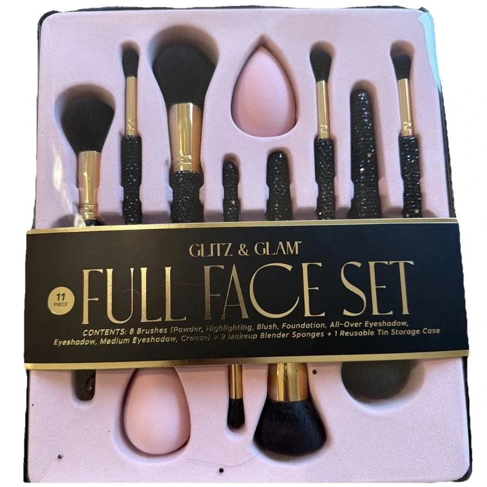 Rare TikTok Glitz and Glam 11 Piece Full Face Set Rhinestone Makeup Brush Black